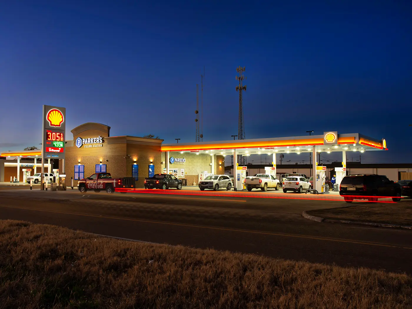 Shell gas station at night